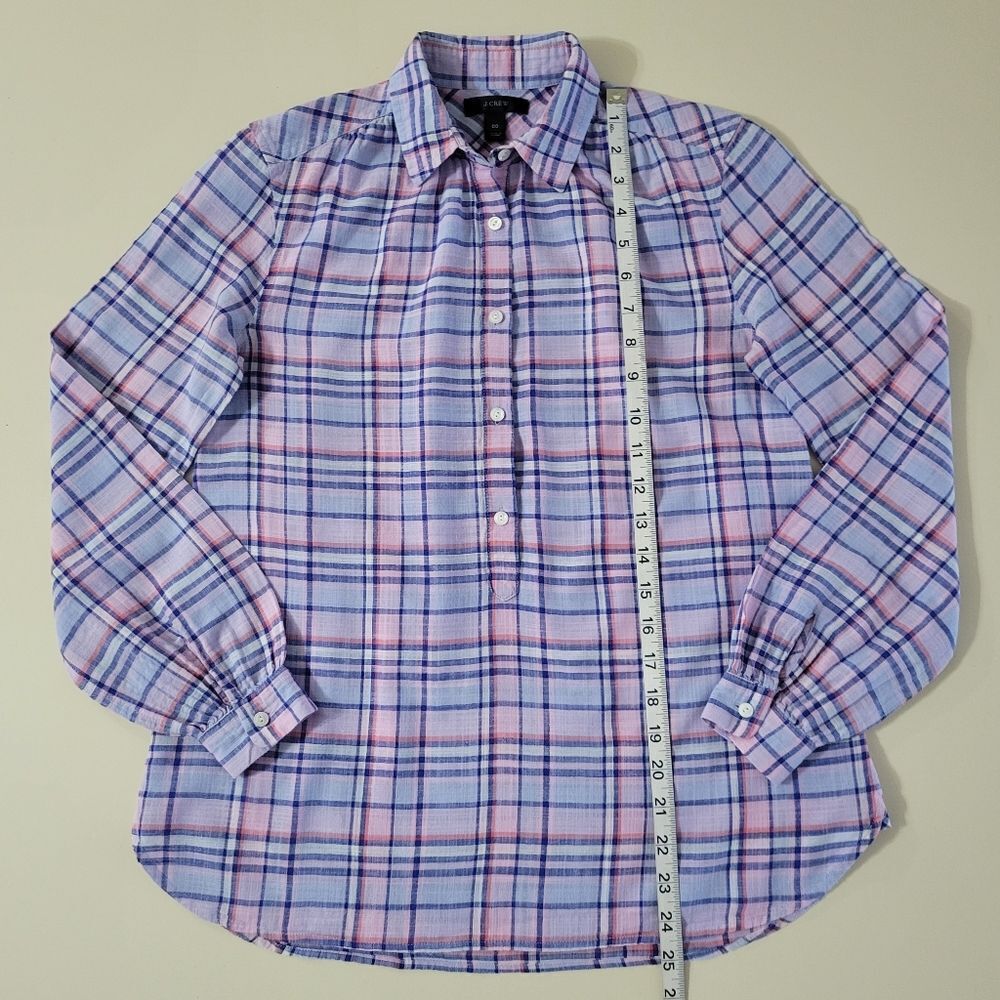 J. Crew Women's Gathered Henley Lilac Plaid Shirt - Picture 6 of 15